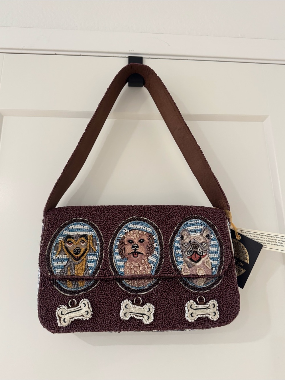Hand Beaded Dog Portrait Shoulder Bag Brown Statement Purse
